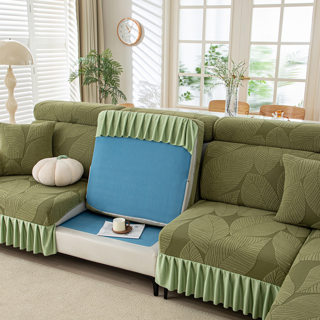 91家纺网 家纺一手货源 找家纺 沐沐家纺 2026新款霏叶裙边沙发笠 墨玉绿