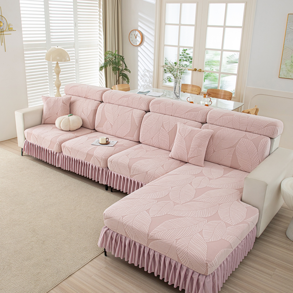 91家纺网 家纺一手货源 找家纺 沐沐家纺 2026新款霏叶裙边沙发笠 少女粉