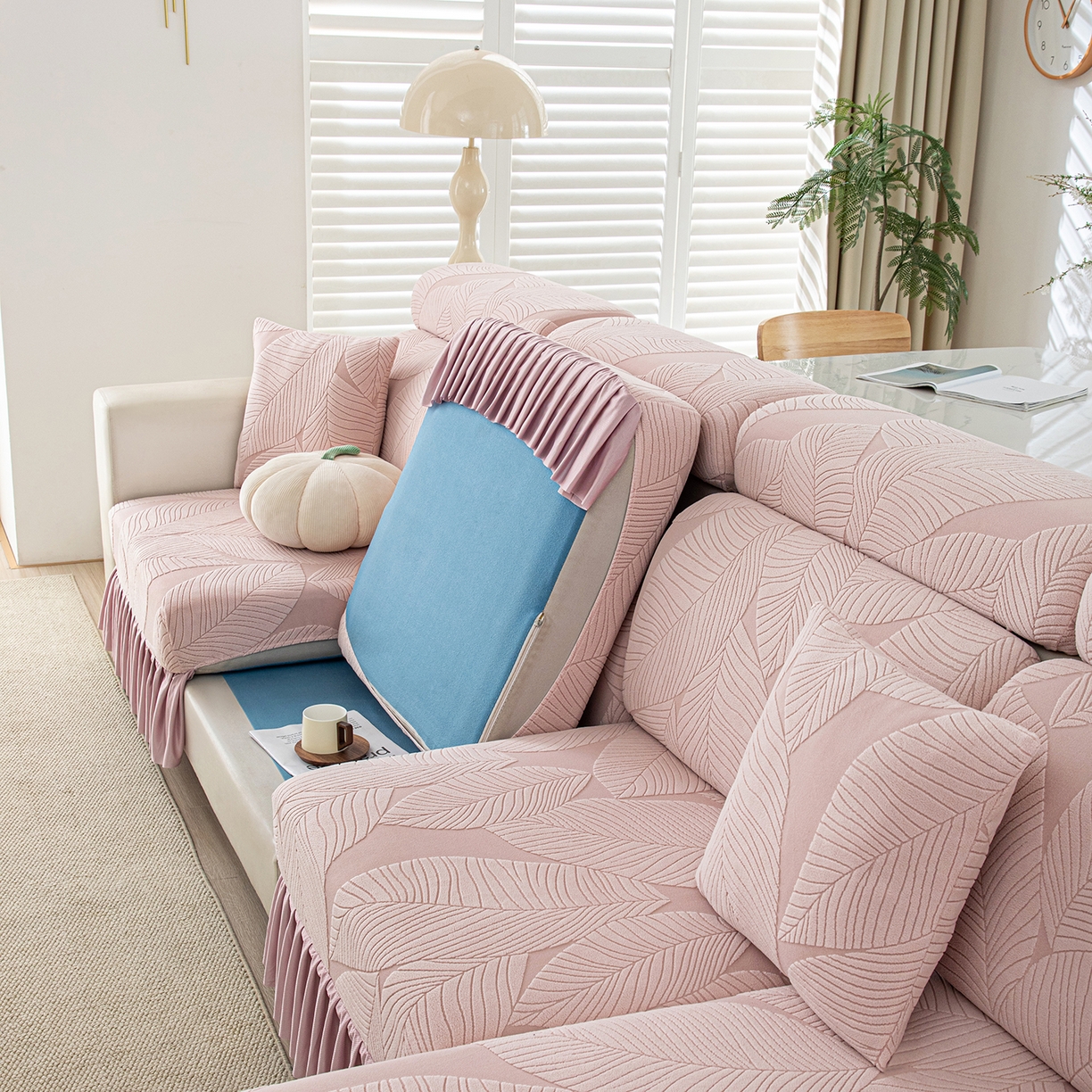 91家纺网 家纺一手货源 找家纺 沐沐家纺 2026新款霏叶裙边沙发笠 少女粉