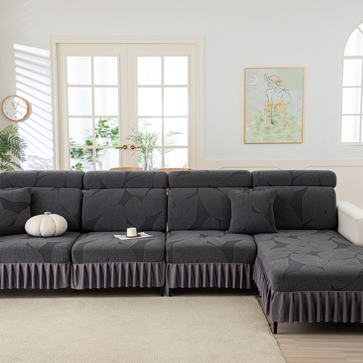 91家纺网 家纺一手货源 找家纺 沐沐家纺 2026新款霏叶裙边沙发笠 金属灰