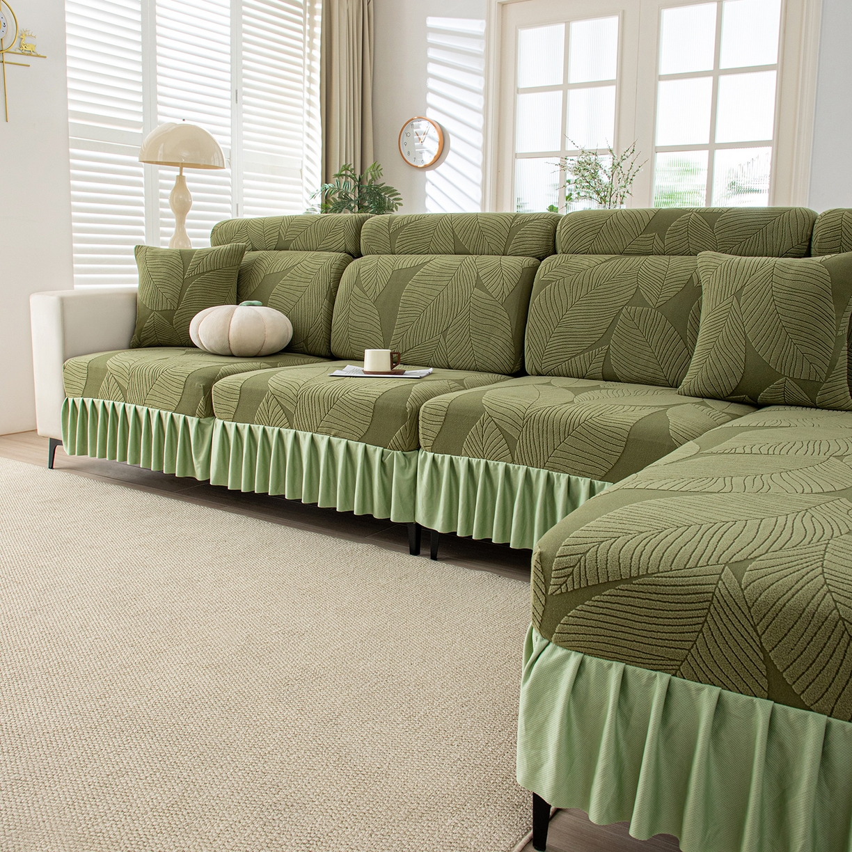 91家纺网 家纺一手货源 找家纺 沐沐家纺 2026新款霏叶裙边沙发笠 墨玉绿