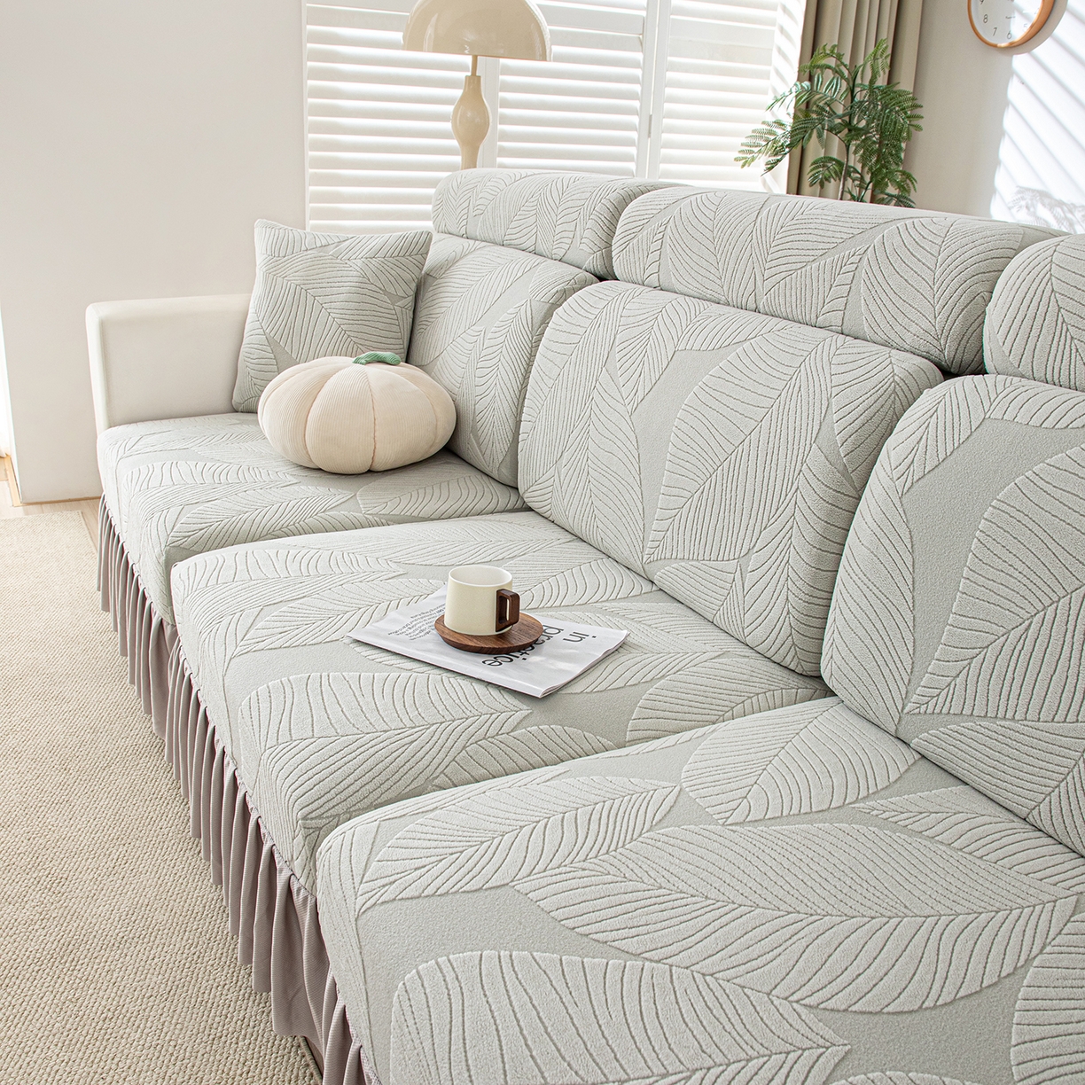 91家纺网 家纺一手货源 找家纺 沐沐家纺 2026新款霏叶裙边沙发笠 浅灰