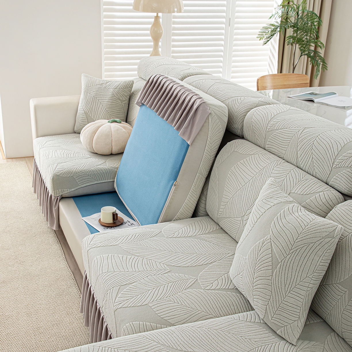 91家纺网 家纺一手货源 找家纺 沐沐家纺 2026新款霏叶裙边沙发笠 浅灰