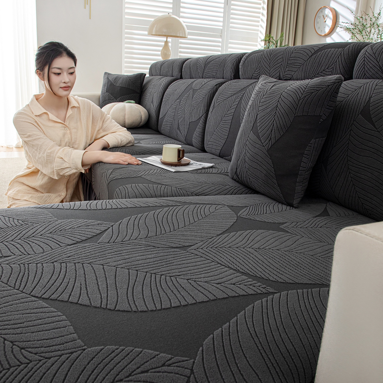 91家纺网 家纺一手货源 找家纺 沐沐家纺 2026新款霏叶裙边沙发笠 金属灰