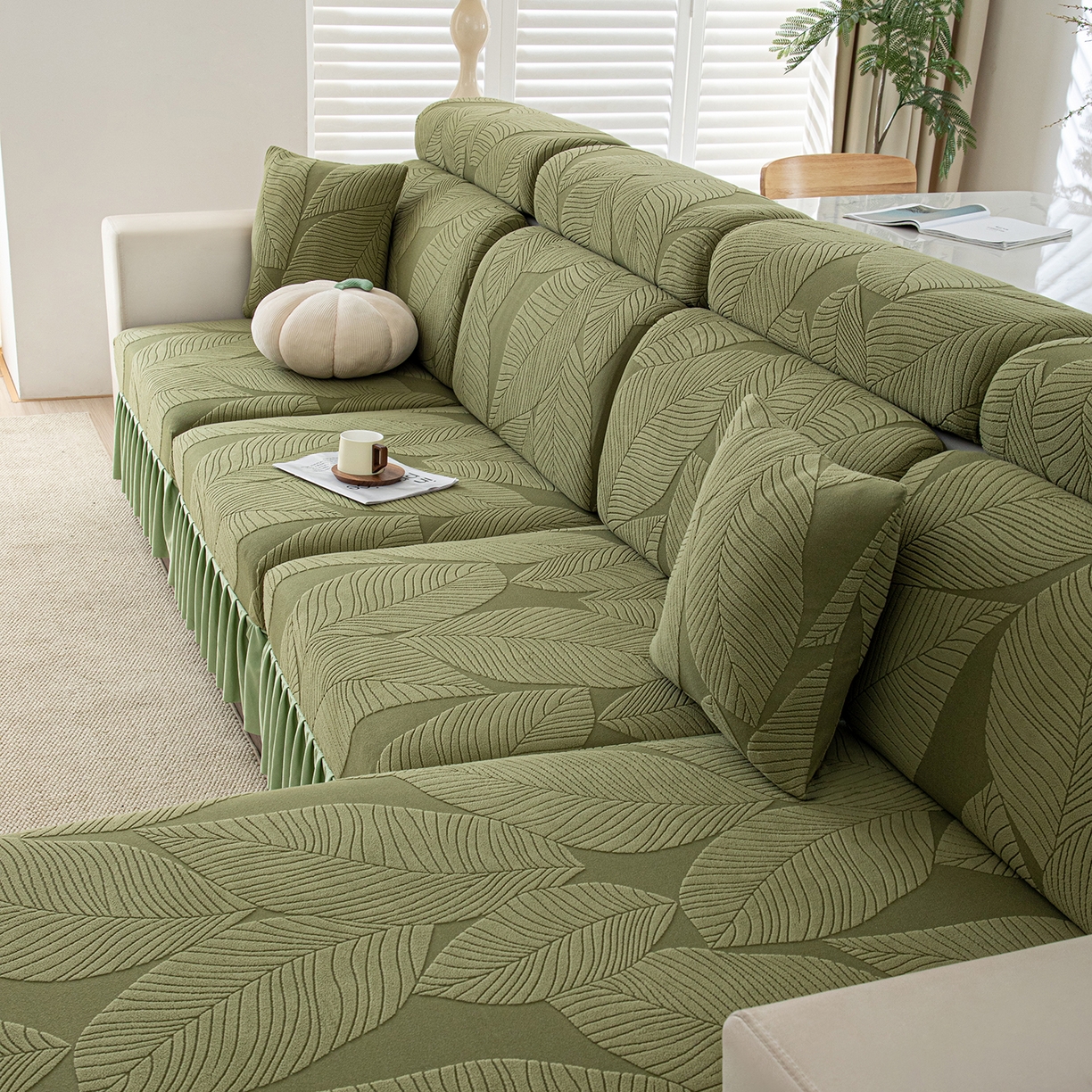 91家纺网 家纺一手货源 找家纺 沐沐家纺 2026新款霏叶裙边沙发笠 墨玉绿