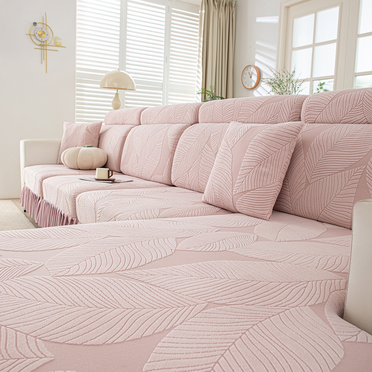 91家纺网 家纺一手货源 找家纺 沐沐家纺 2026新款霏叶裙边沙发笠 少女粉