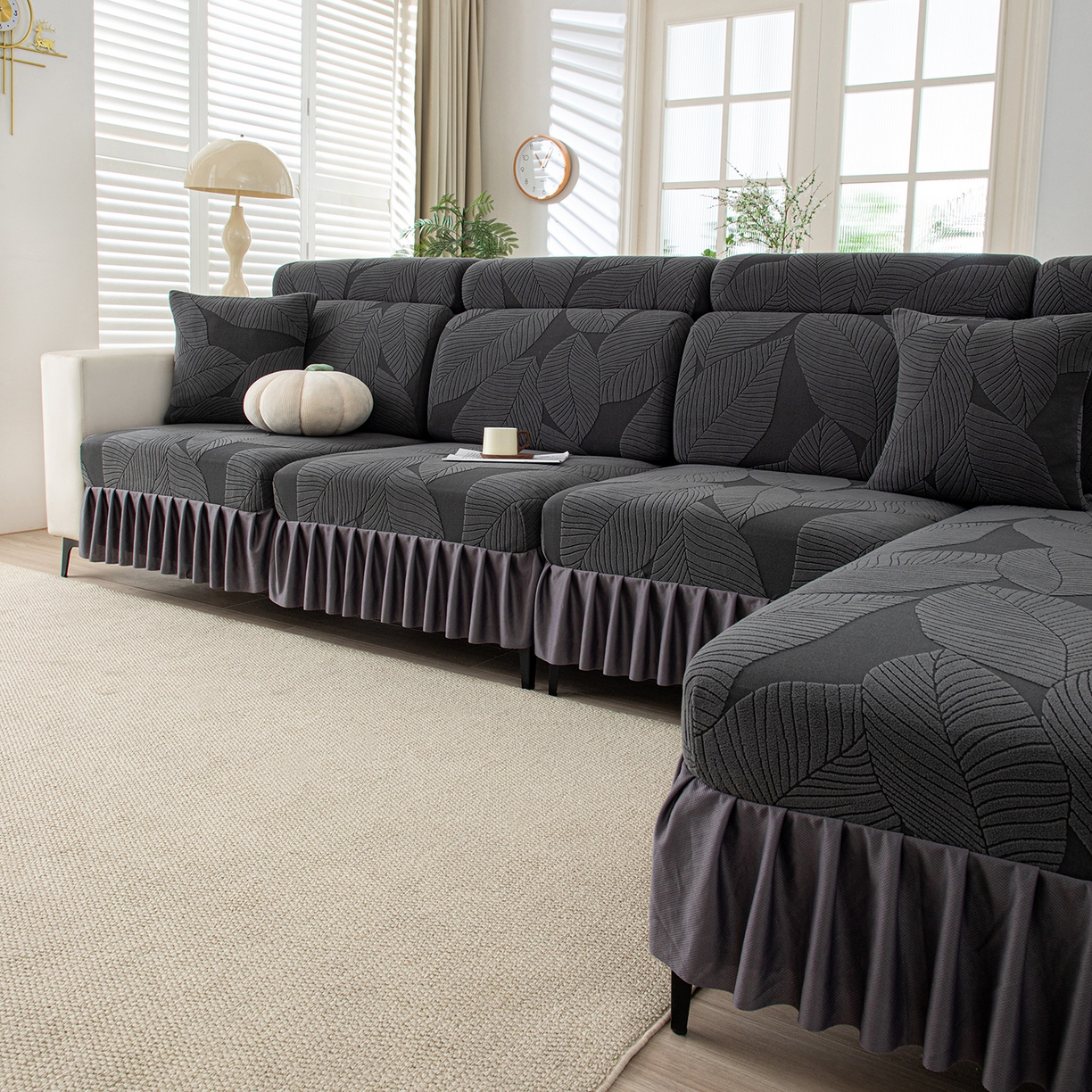 91家纺网 家纺一手货源 找家纺 沐沐家纺 2026新款霏叶裙边沙发笠 金属灰