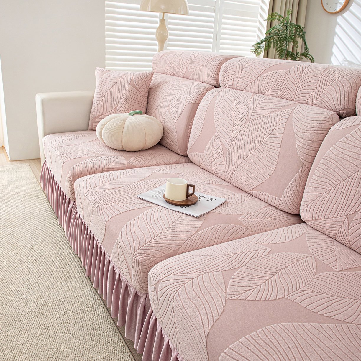 91家纺网 家纺一手货源 找家纺 沐沐家纺 2026新款霏叶裙边沙发笠 少女粉