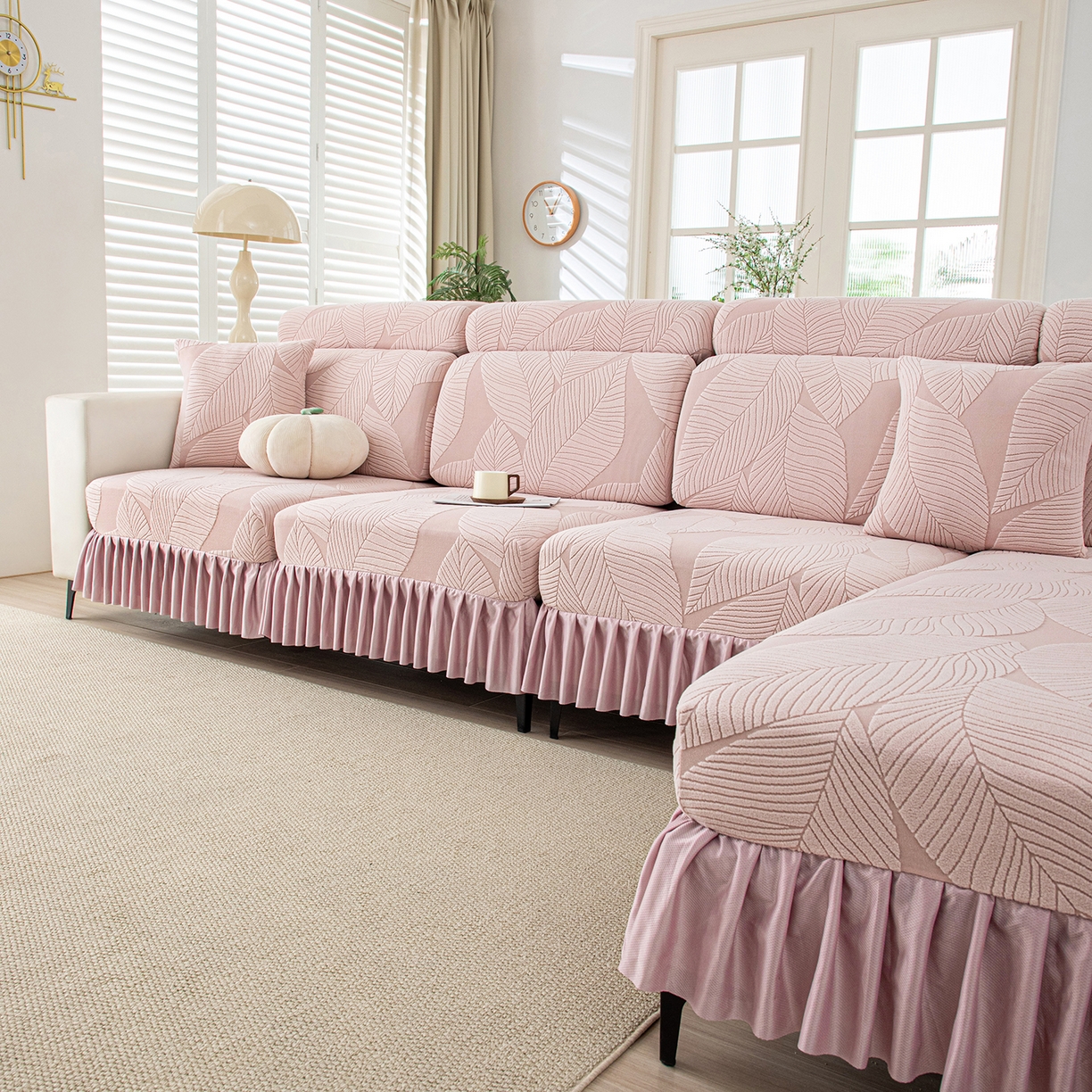 91家纺网 家纺一手货源 找家纺 沐沐家纺 2026新款霏叶裙边沙发笠 少女粉