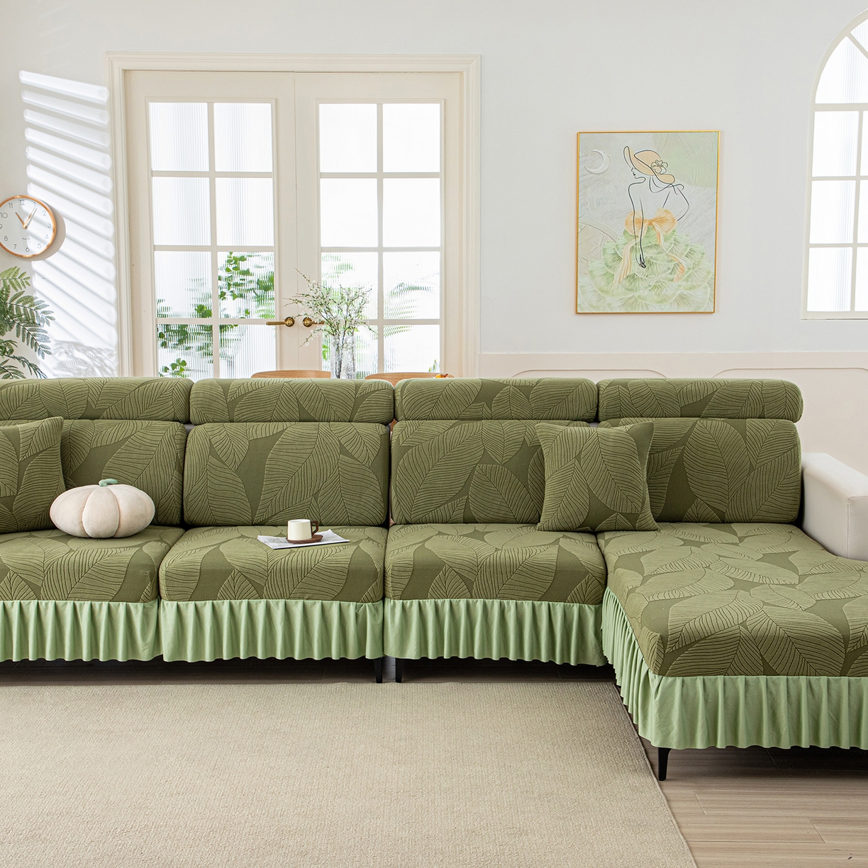 91家纺网 家纺一手货源 找家纺 沐沐家纺 2026新款霏叶裙边沙发笠 墨玉绿