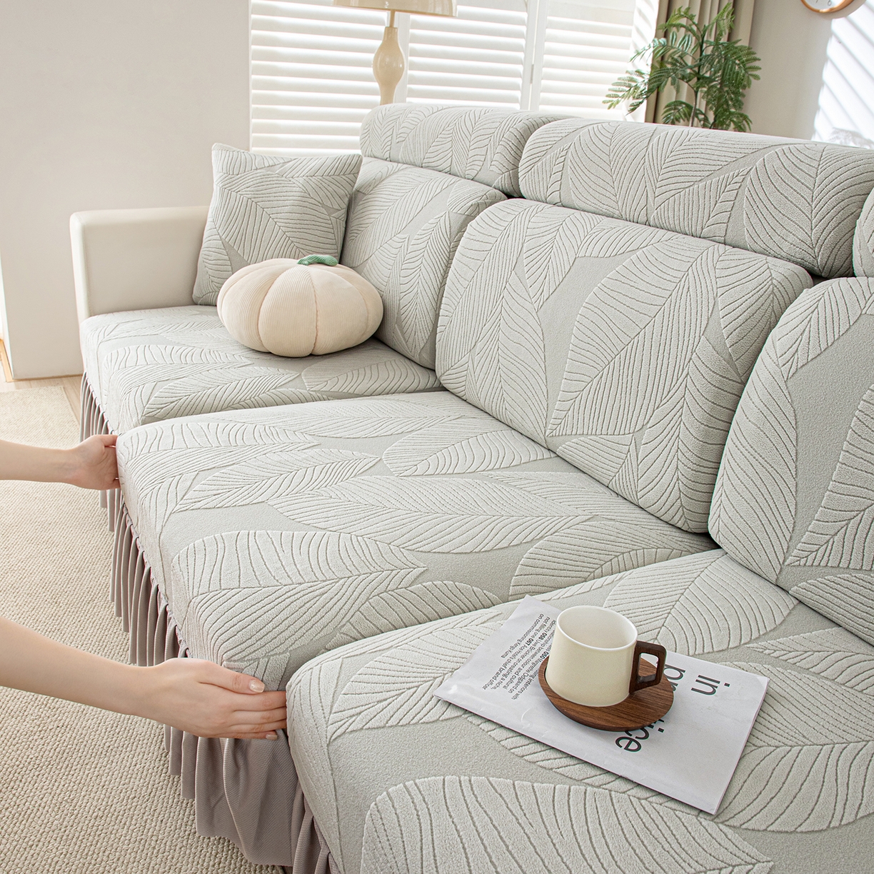 91家纺网 家纺一手货源 找家纺 沐沐家纺 2026新款霏叶裙边沙发笠 浅灰