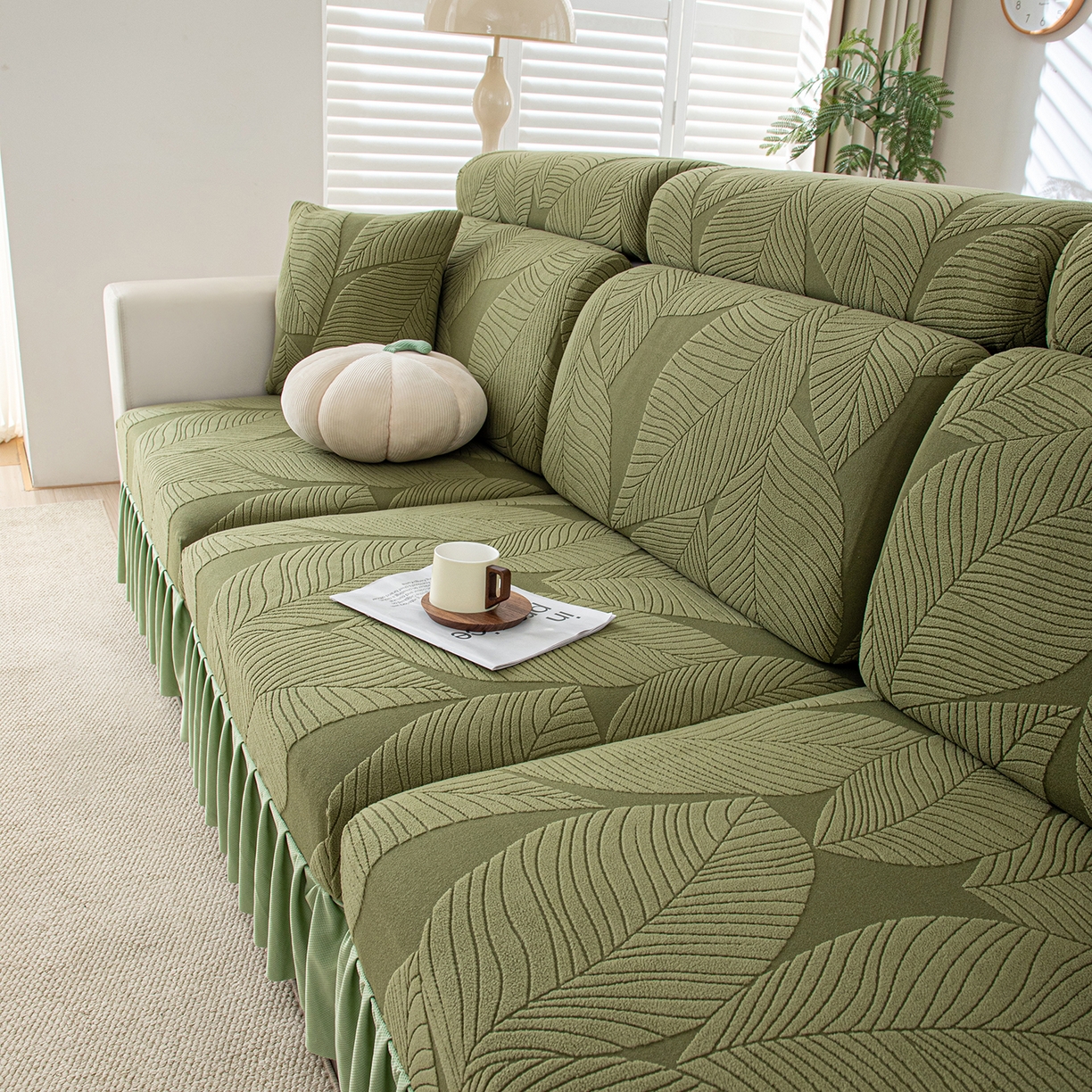 91家纺网 家纺一手货源 找家纺 沐沐家纺 2026新款霏叶裙边沙发笠 墨玉绿