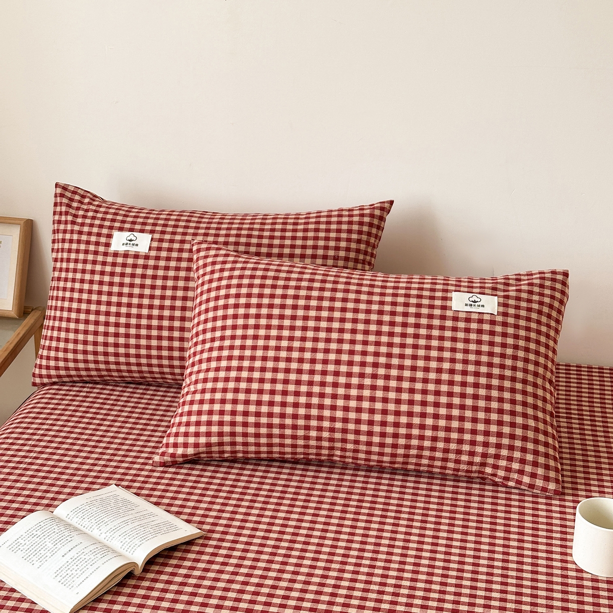 91家纺网 家纺一手货源 找家纺 笠裙家纺 2025新款A类色织全棉纯棉水洗棉床裙四件套 芸素红