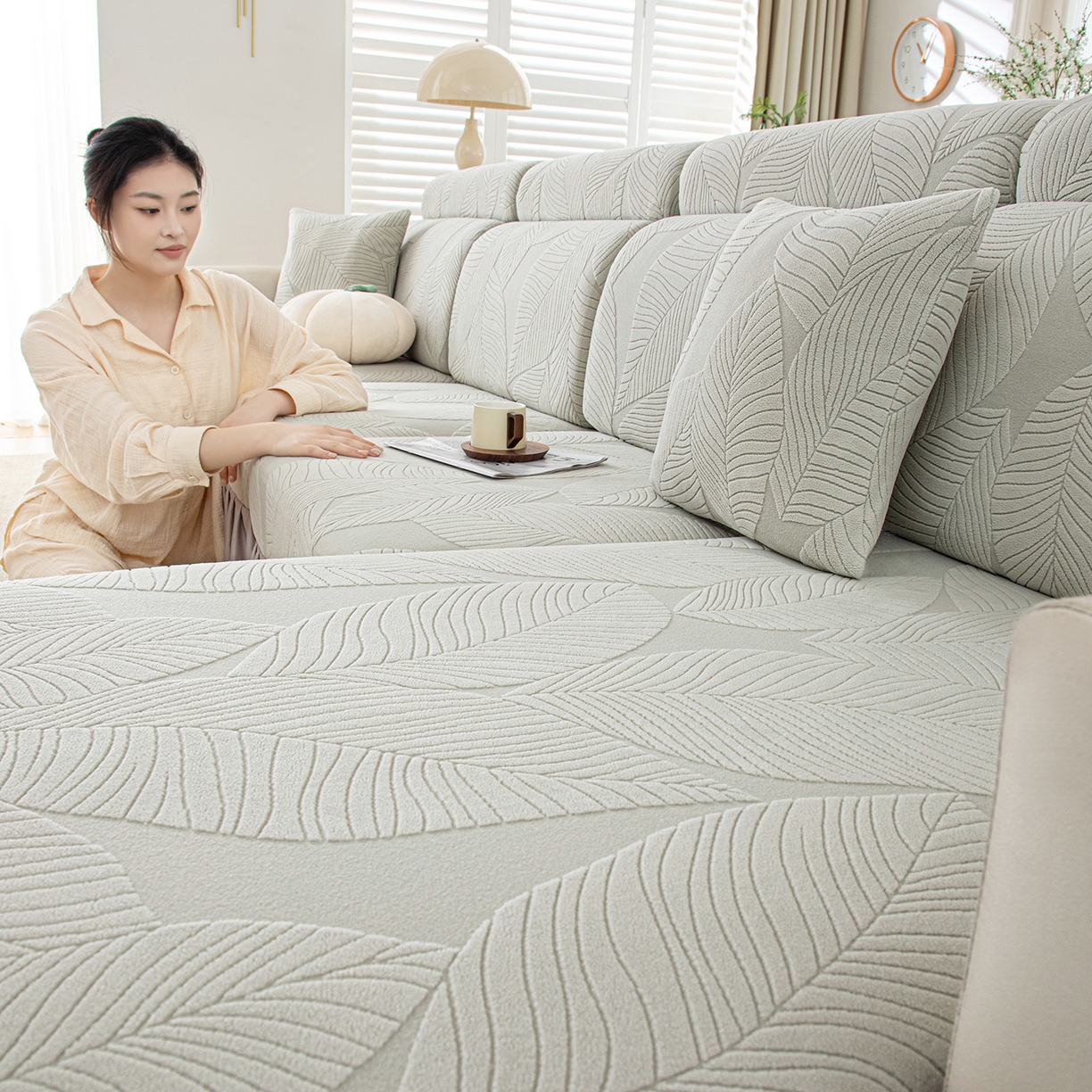 91家纺网 家纺一手货源 找家纺 沐沐家纺 2026新款霏叶裙边沙发笠 浅灰