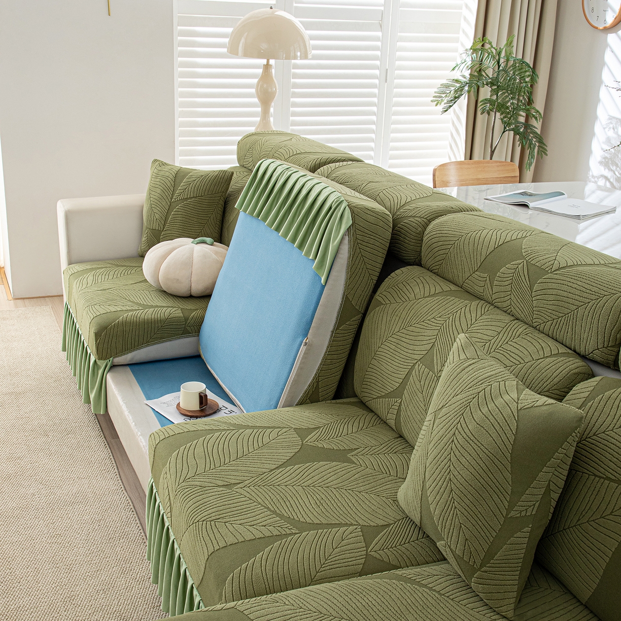 91家纺网 家纺一手货源 找家纺 沐沐家纺 2026新款霏叶裙边沙发笠 墨玉绿