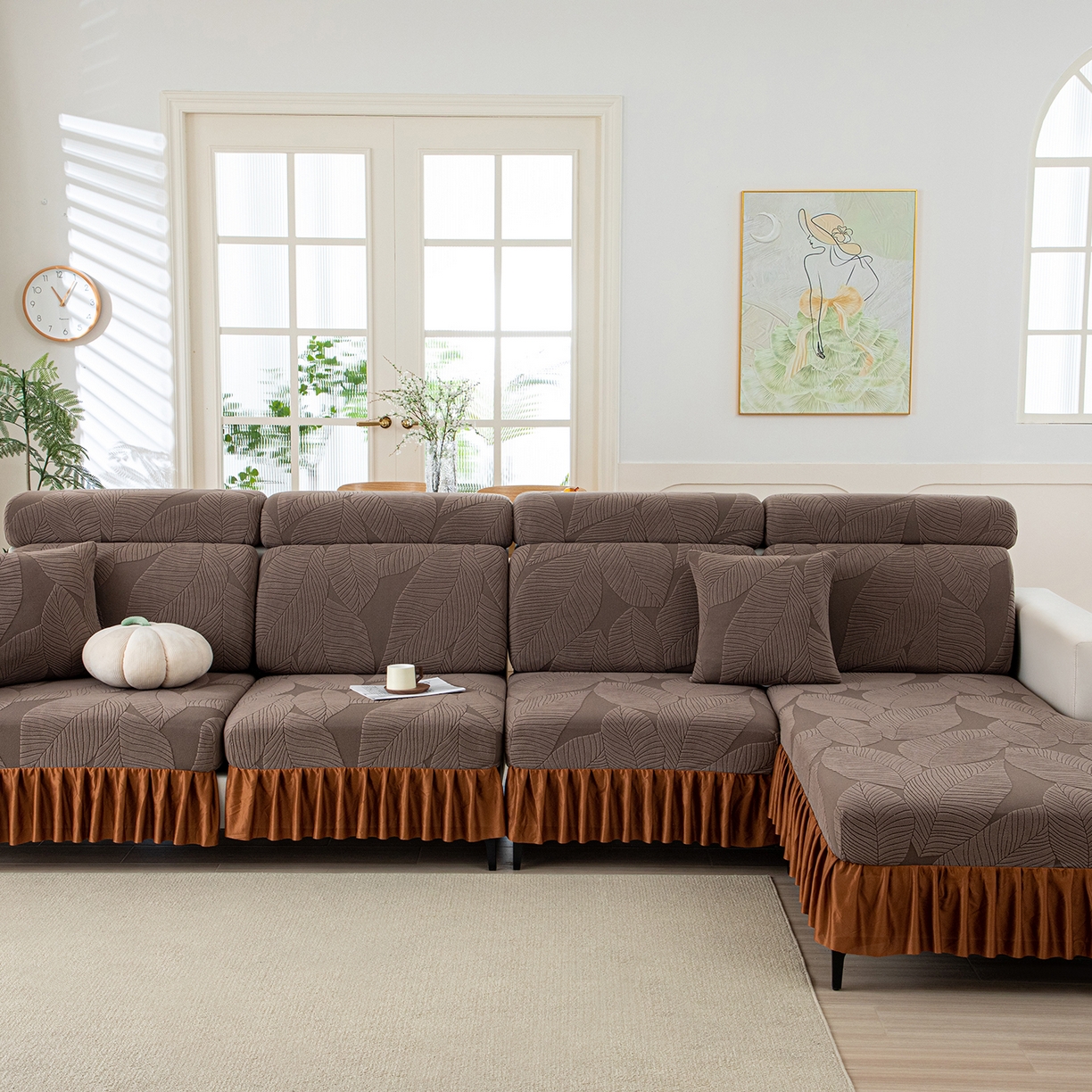 91家纺网 家纺一手货源 找家纺 沐沐家纺 2026新款霏叶裙边沙发笠 咖啡色