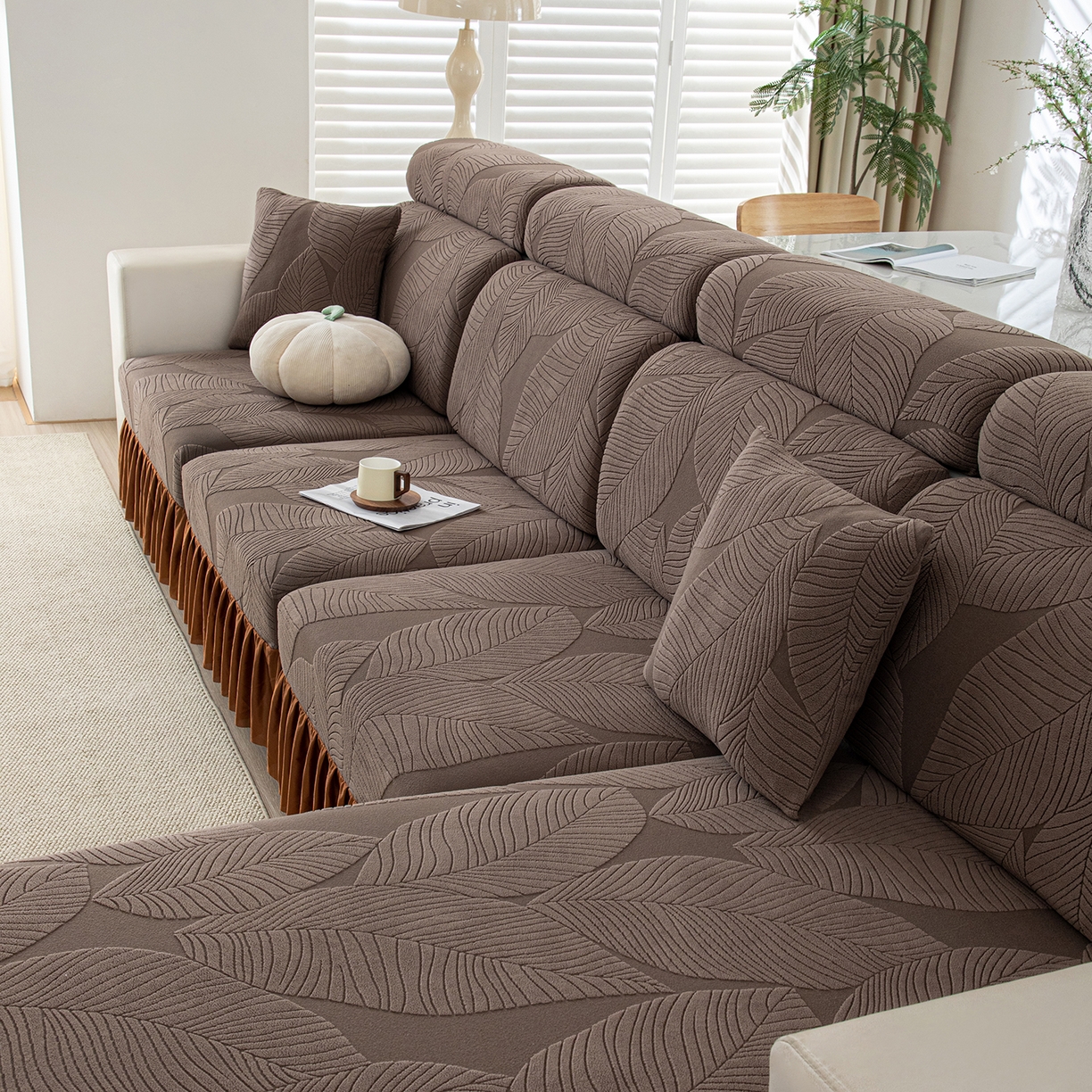 91家纺网 家纺一手货源 找家纺 沐沐家纺 2026新款霏叶裙边沙发笠 咖啡色