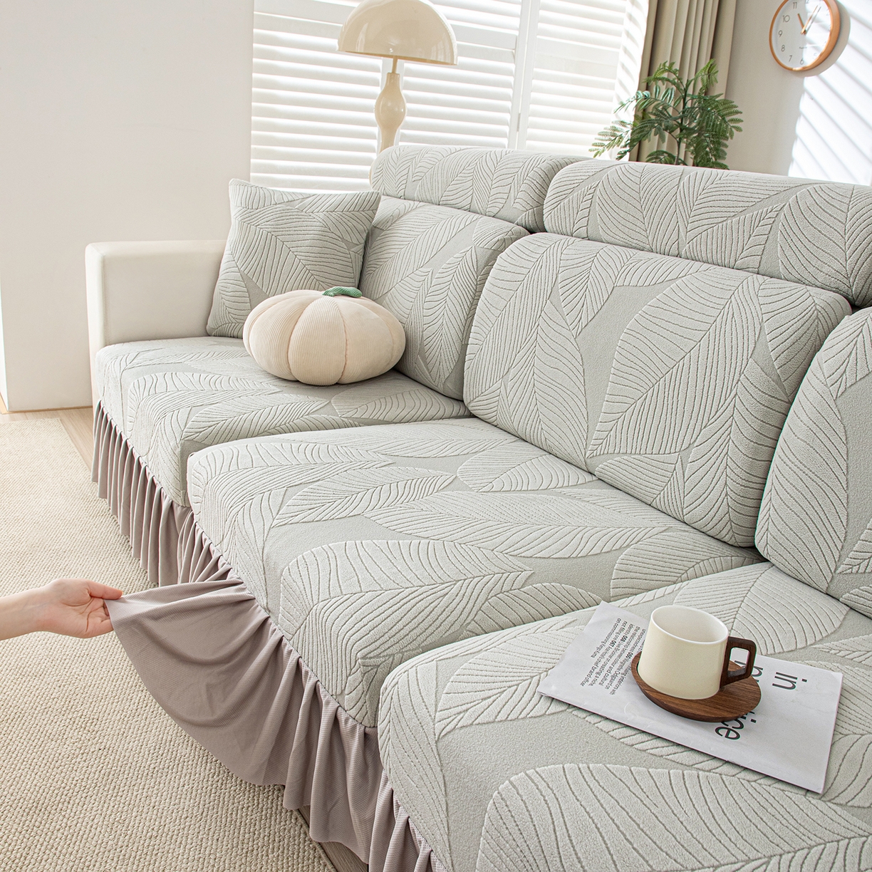 91家纺网 家纺一手货源 找家纺 沐沐家纺 2026新款霏叶裙边沙发笠 浅灰