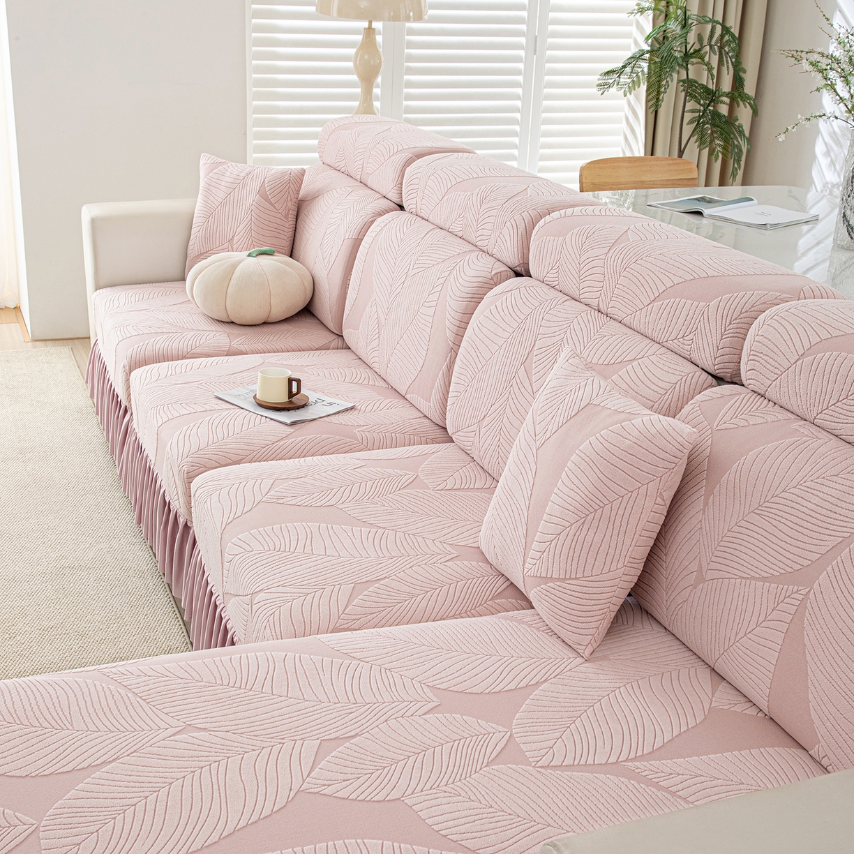 91家纺网 家纺一手货源 找家纺 沐沐家纺 2026新款霏叶裙边沙发笠 少女粉