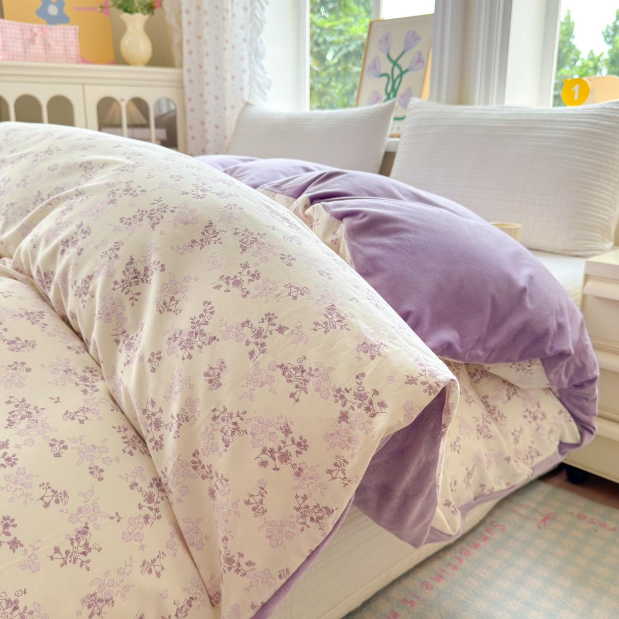 清雅福 2025新款秋冬新品全棉印花棉加绒单被套单品被套被套单件 棉绒-春风里紫