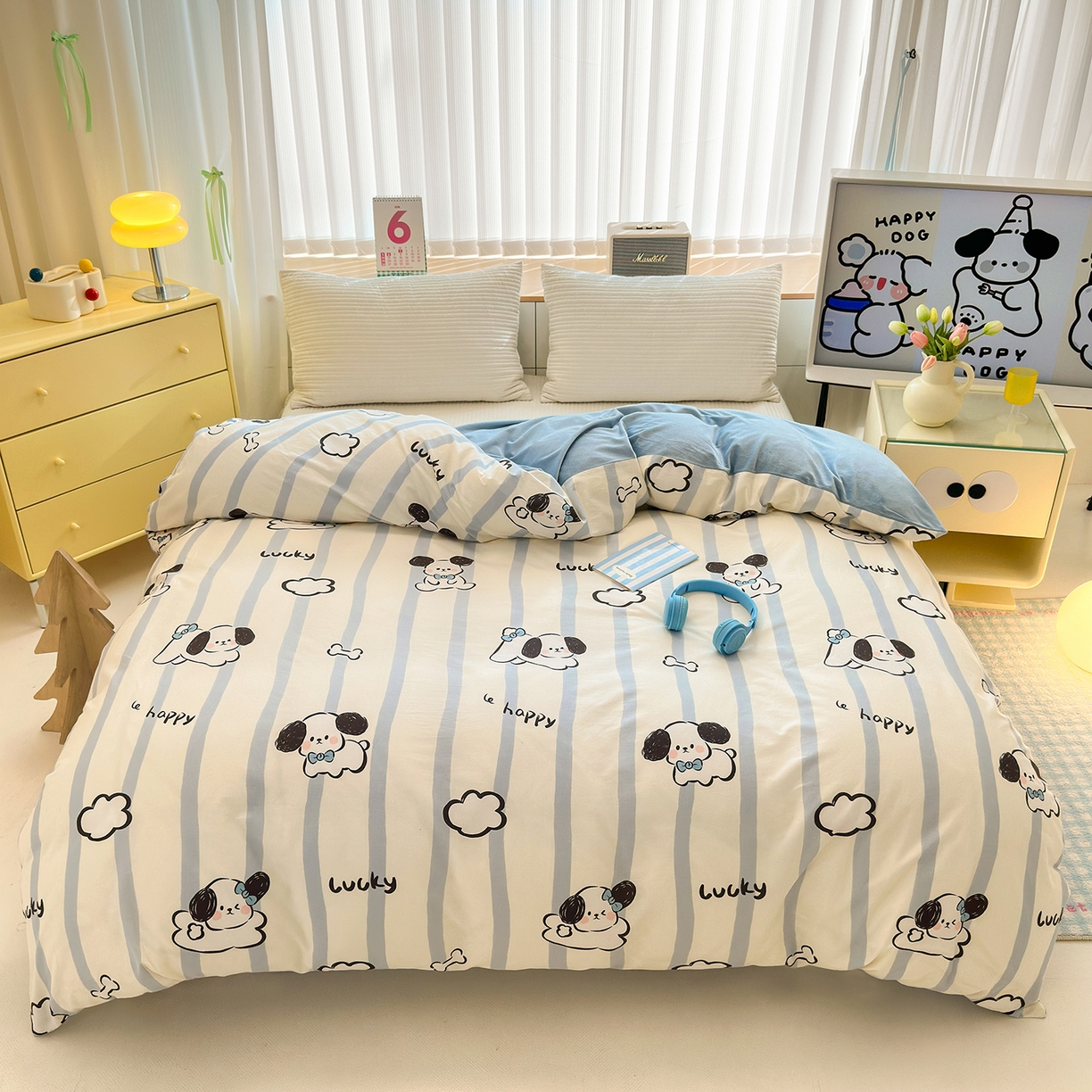 91家纺网 家纺一手货源 找家纺 清雅福 2025新款秋冬新品全棉印花棉加绒单被套单品被套被套单件 棉绒-条纹狗狗