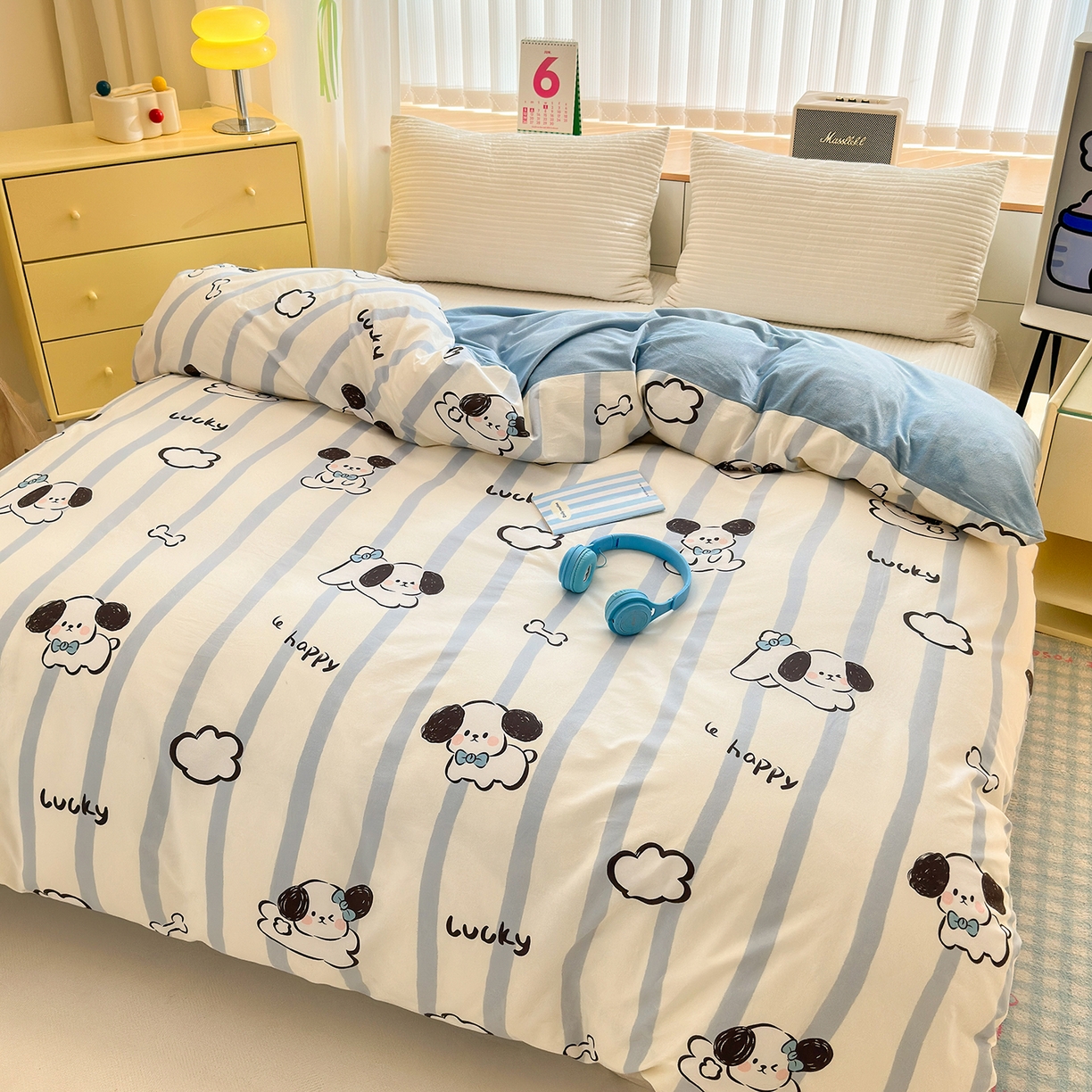 91家纺网 家纺一手货源 找家纺 清雅福 2025新款秋冬新品全棉印花棉加绒单被套单品被套被套单件 棉绒-条纹狗狗