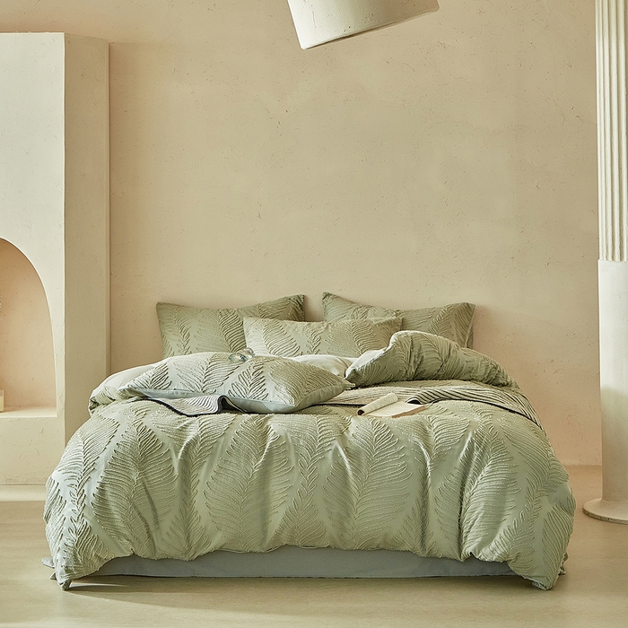 91家纺网 家纺一手货源 找家纺 缘生活  2025年新款剪花针叶四件套四季款（民宿首选） 剪花针叶-旧绿