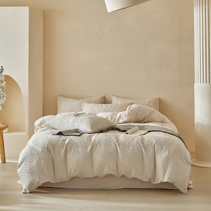 91家纺网 家纺一手货源 找家纺 缘生活  2025年新款剪花针叶四件套四季款（民宿首选） 剪花针叶-卡其