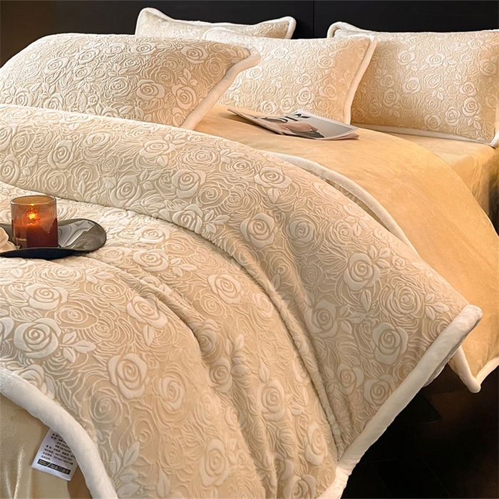 91家纺网 家纺一手货源 找家纺 诺梵 2025新款立体雕花牛奶绒四件套_控价标准高于149，加大高于159 玫瑰之约-黄