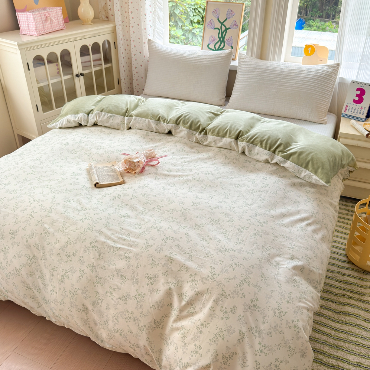 91家纺网 家纺一手货源 找家纺 清雅福 2025新款秋冬新品全棉印花棉加绒单被套单品被套被套单件 棉绒-春风里绿