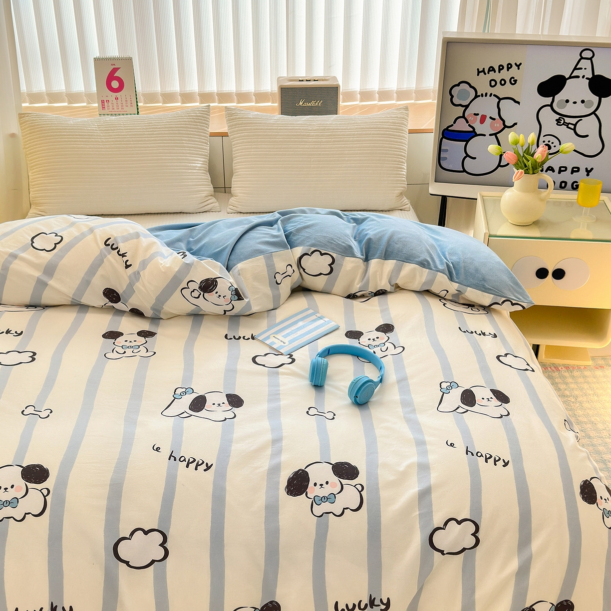 91家纺网 家纺一手货源 找家纺 清雅福 2025新款秋冬新品全棉印花棉加绒单被套单品被套被套单件 棉绒-条纹狗狗