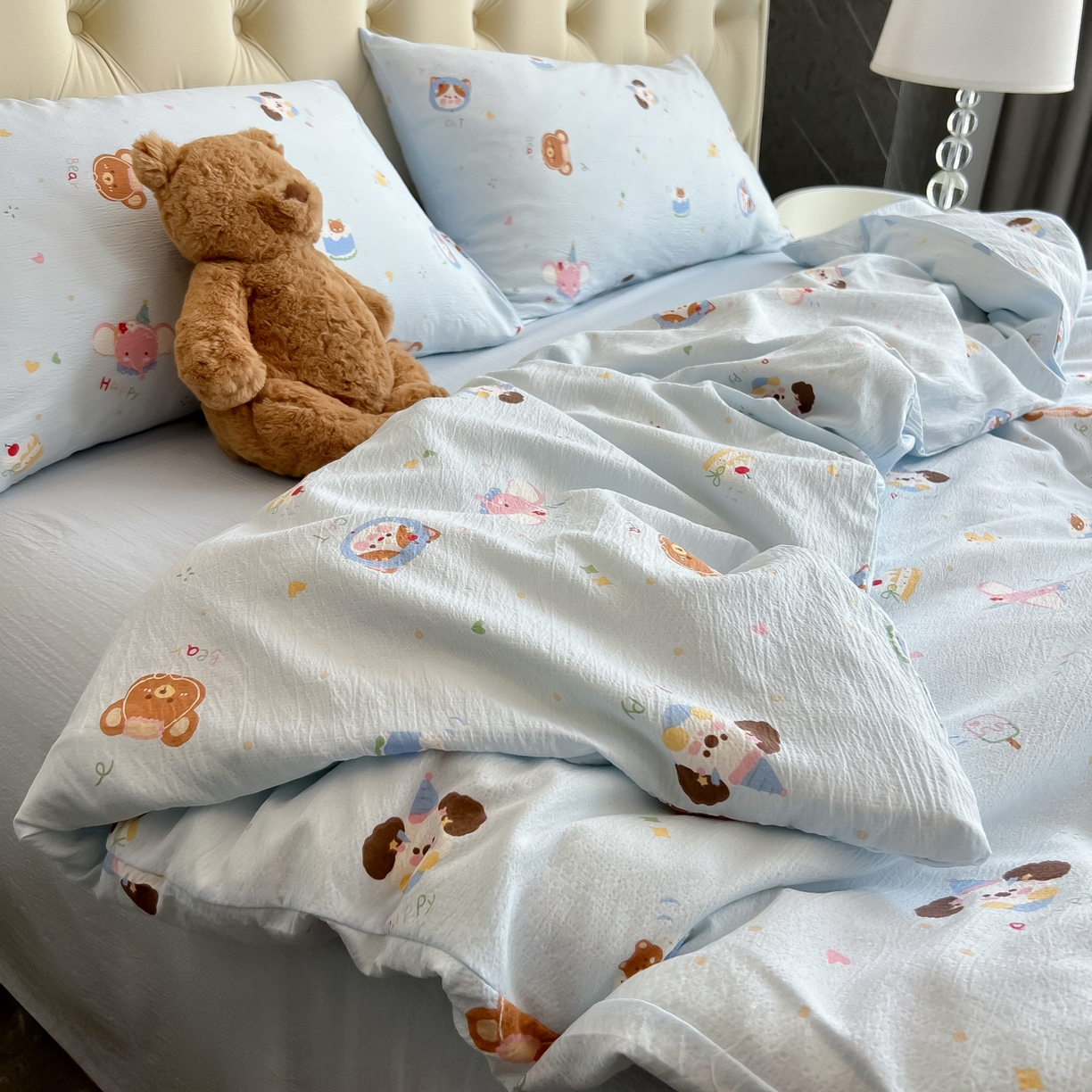 91家纺网 家纺一手货源 找家纺 韩巢家纺 2025新款双层纱床上用品四件套热销款超柔学生宿舍床单被套三件套 生日宴会兰