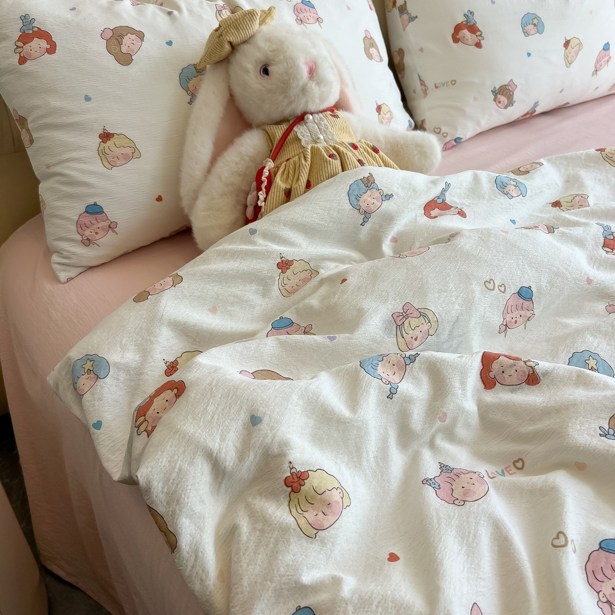 91家纺网 家纺一手货源 找家纺 韩巢家纺 2025新款双层纱床上用品四件套热销款超柔学生宿舍床单被套三件套 童话女孩