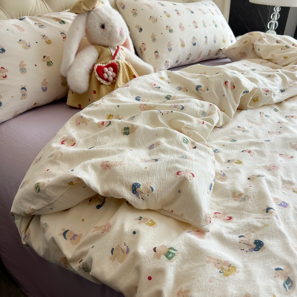 91家纺网 家纺一手货源 找家纺 韩巢家纺 2025新款双层纱床上用品四件套热销款超柔学生宿舍床单被套三件套 兔子集合