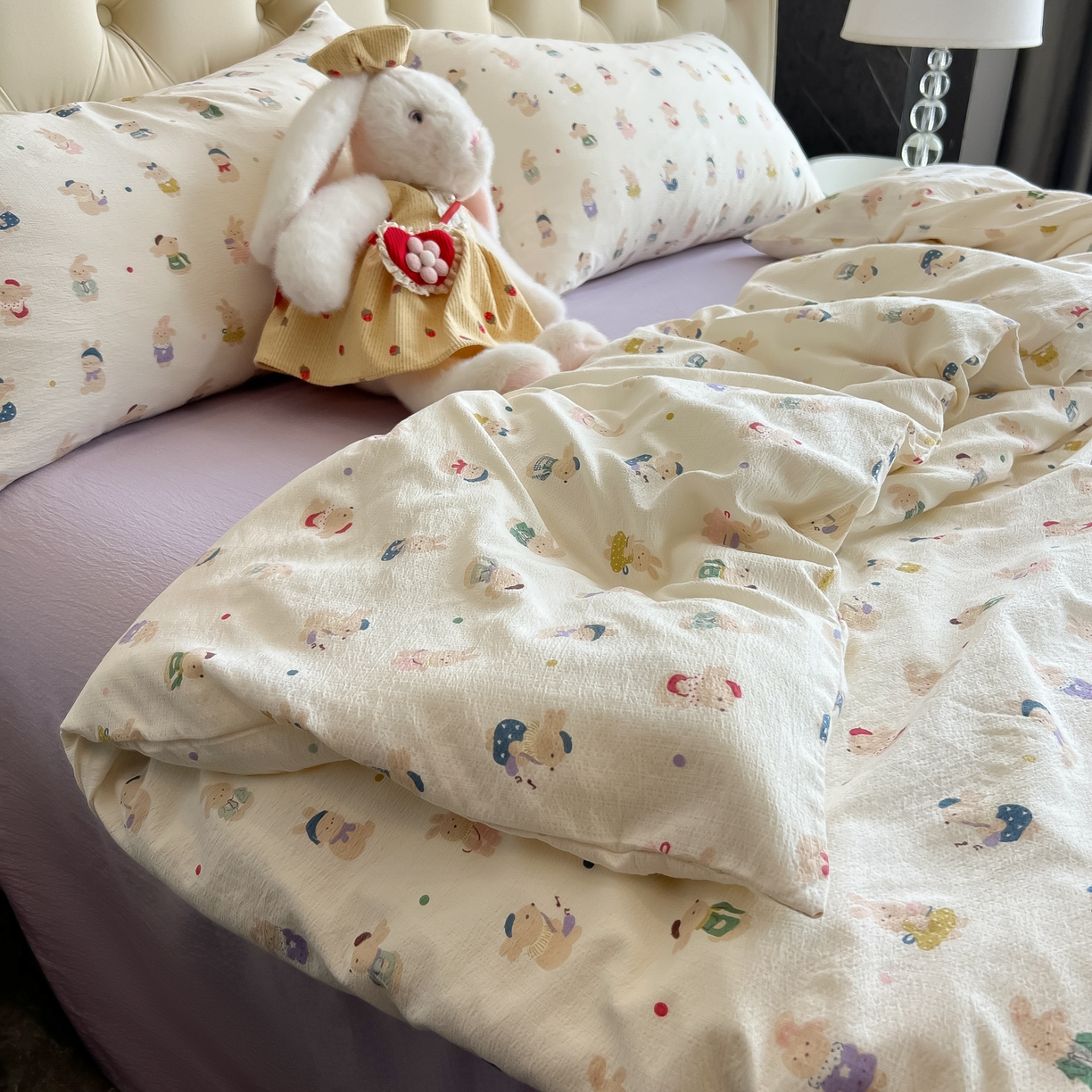 91家纺网 家纺一手货源 找家纺 韩巢家纺 2025新款双层纱床上用品四件套热销款超柔学生宿舍床单被套三件套 兔子集合