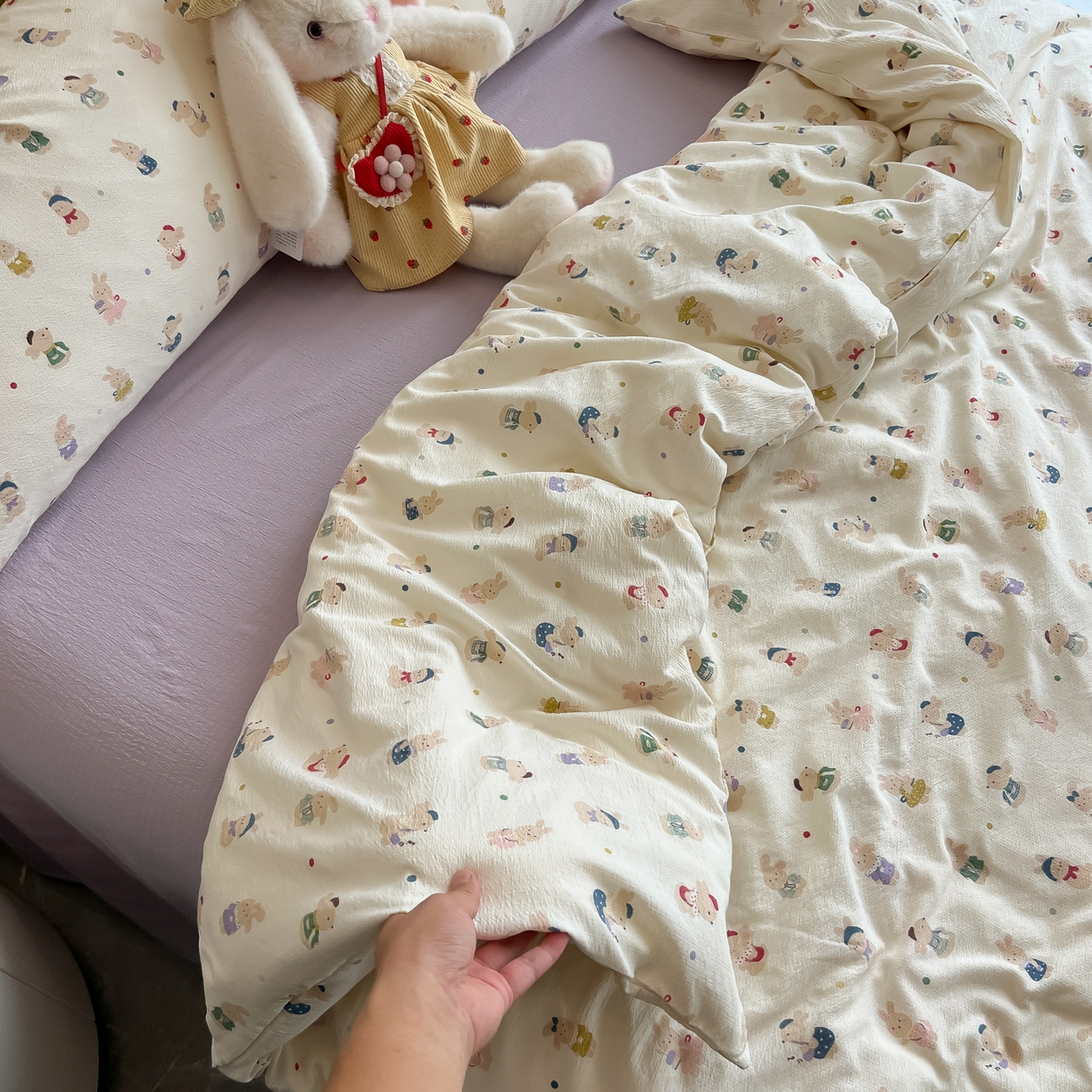 91家纺网 家纺一手货源 找家纺 韩巢家纺 2025新款双层纱床上用品四件套热销款超柔学生宿舍床单被套三件套 兔子集合