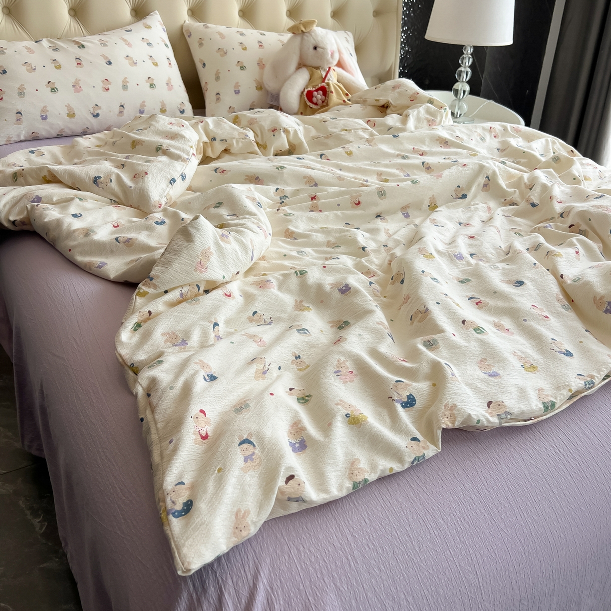 91家纺网 家纺一手货源 找家纺 韩巢家纺 2025新款双层纱床上用品四件套热销款超柔学生宿舍床单被套三件套 兔子集合