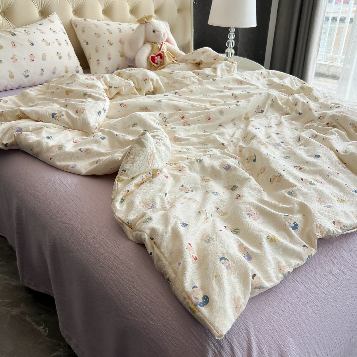 91家纺网 家纺一手货源 找家纺 韩巢家纺 2025新款双层纱床上用品四件套热销款超柔学生宿舍床单被套三件套 兔子集合