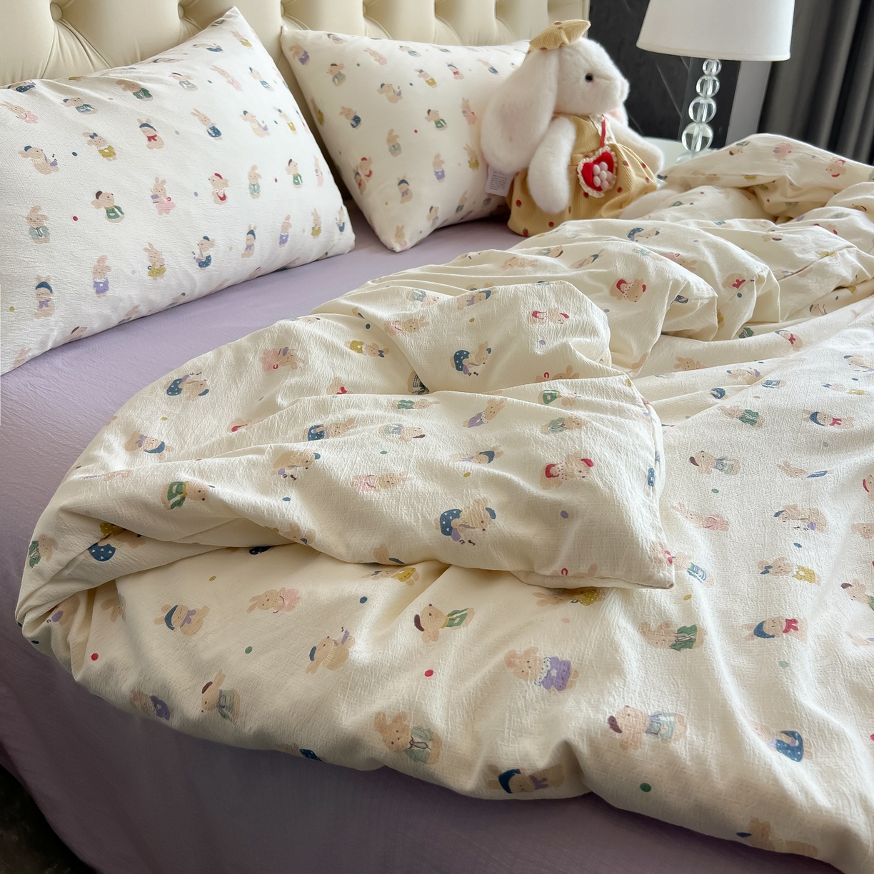 91家纺网 家纺一手货源 找家纺 韩巢家纺 2025新款双层纱床上用品四件套热销款超柔学生宿舍床单被套三件套 兔子集合