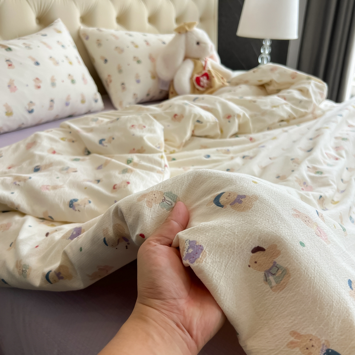 91家纺网 家纺一手货源 找家纺 韩巢家纺 2025新款双层纱床上用品四件套热销款超柔学生宿舍床单被套三件套 兔子集合