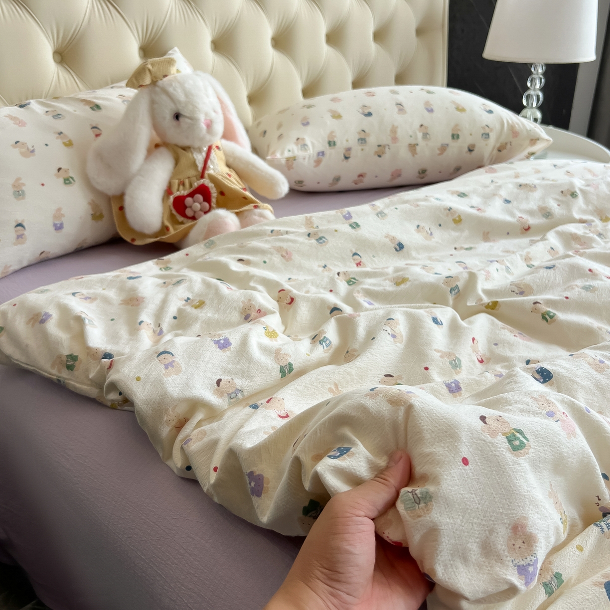 91家纺网 家纺一手货源 找家纺 韩巢家纺 2025新款双层纱床上用品四件套热销款超柔学生宿舍床单被套三件套 兔子集合