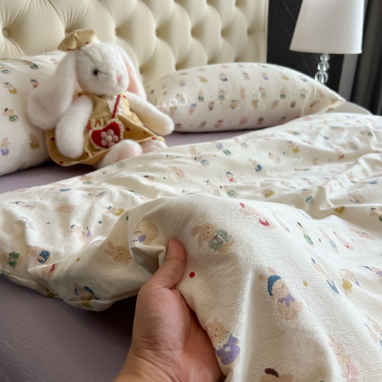 91家纺网 家纺一手货源 找家纺 韩巢家纺 2025新款双层纱床上用品四件套热销款超柔学生宿舍床单被套三件套 兔子集合