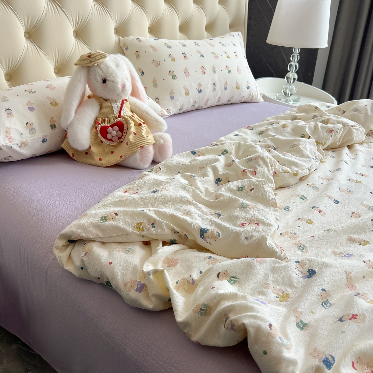 91家纺网 家纺一手货源 找家纺 韩巢家纺 2025新款双层纱床上用品四件套热销款超柔学生宿舍床单被套三件套 兔子集合