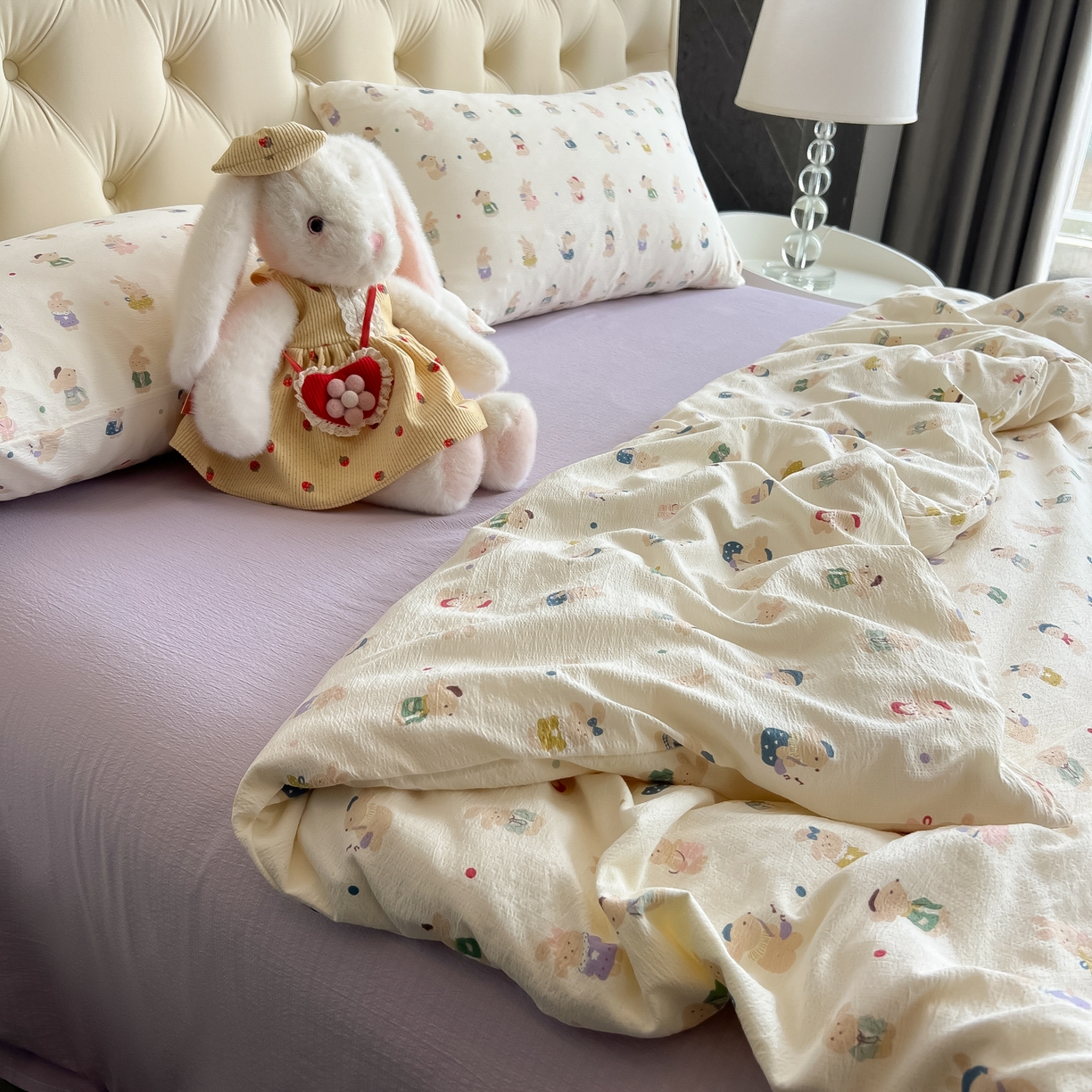 91家纺网 家纺一手货源 找家纺 韩巢家纺 2025新款双层纱床上用品四件套热销款超柔学生宿舍床单被套三件套 兔子集合