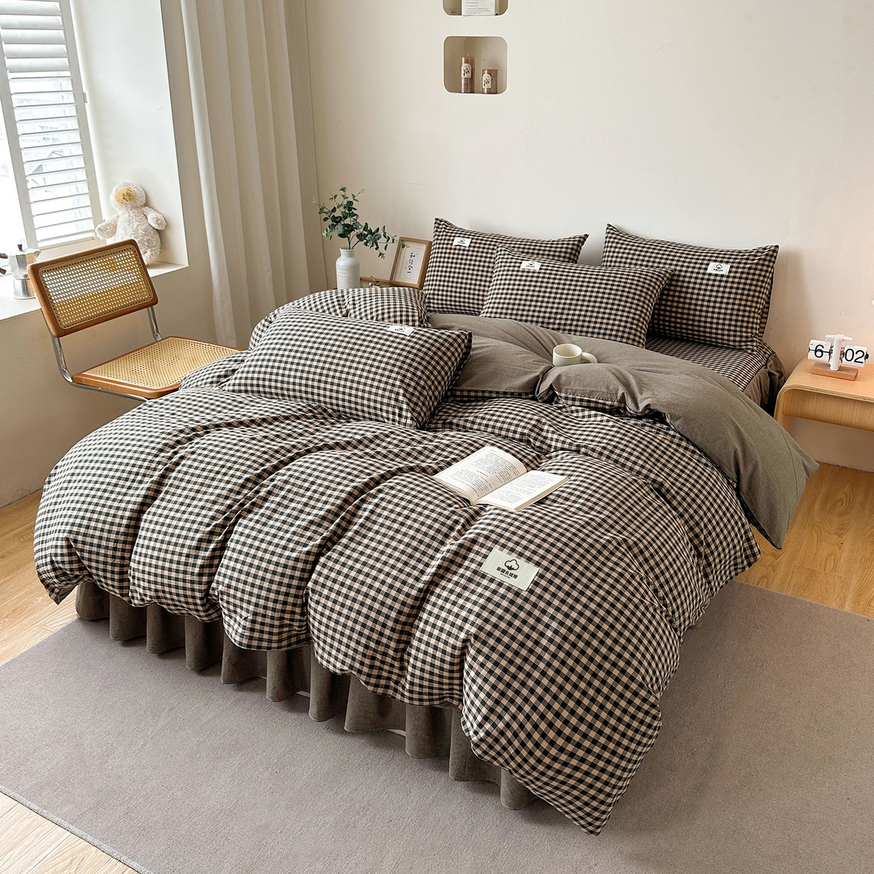 91家纺网 家纺一手货源 找家纺 笠裙家纺 2025新款A类色织全棉纯棉水洗棉床裙四件套 芸素绿