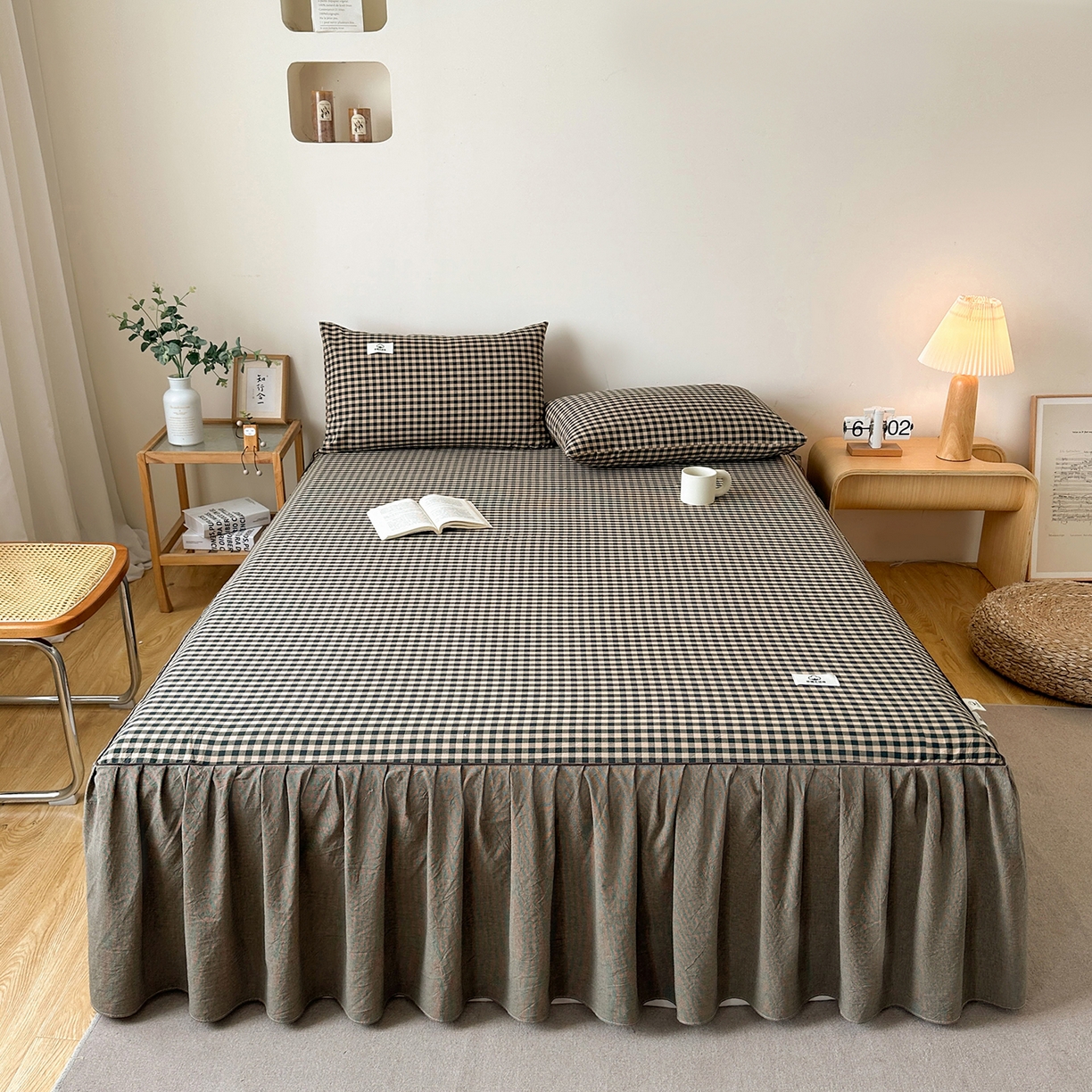 91家纺网 家纺一手货源 找家纺 笠裙家纺 2025新款A类色织全棉纯棉水洗棉床裙四件套 芸素绿