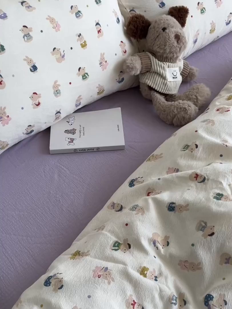 91家纺网 家纺一手货源 找家纺 韩巢家纺 2025新款双层纱床上用品四件套热销款超柔学生宿舍床单被套三件套 兔子集合