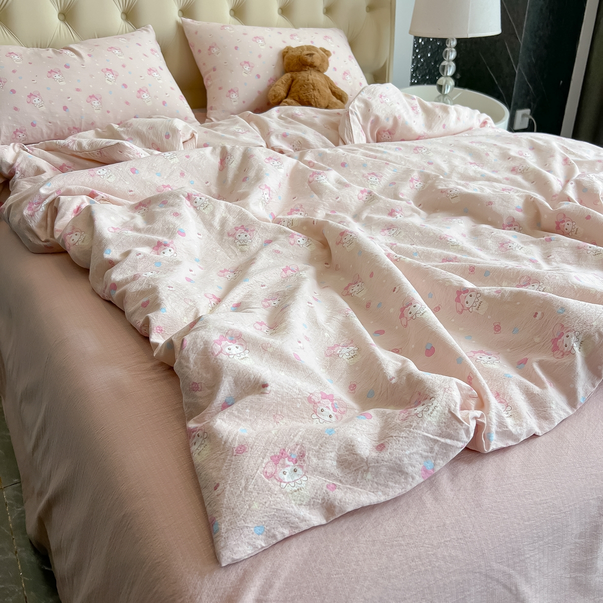 91家纺网 家纺一手货源 找家纺 韩巢家纺 2025新款双层纱床上用品四件套热销款超柔学生宿舍床单被套三件套 小美冰激凌