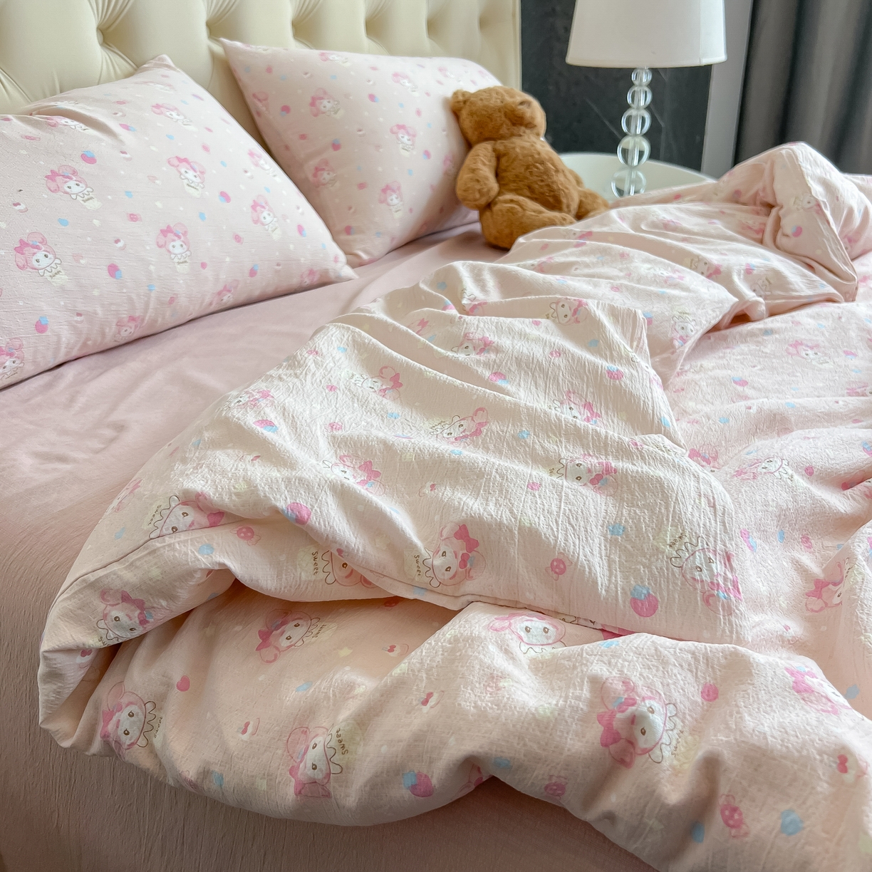 91家纺网 家纺一手货源 找家纺 韩巢家纺 2025新款双层纱床上用品四件套热销款超柔学生宿舍床单被套三件套 小美冰激凌