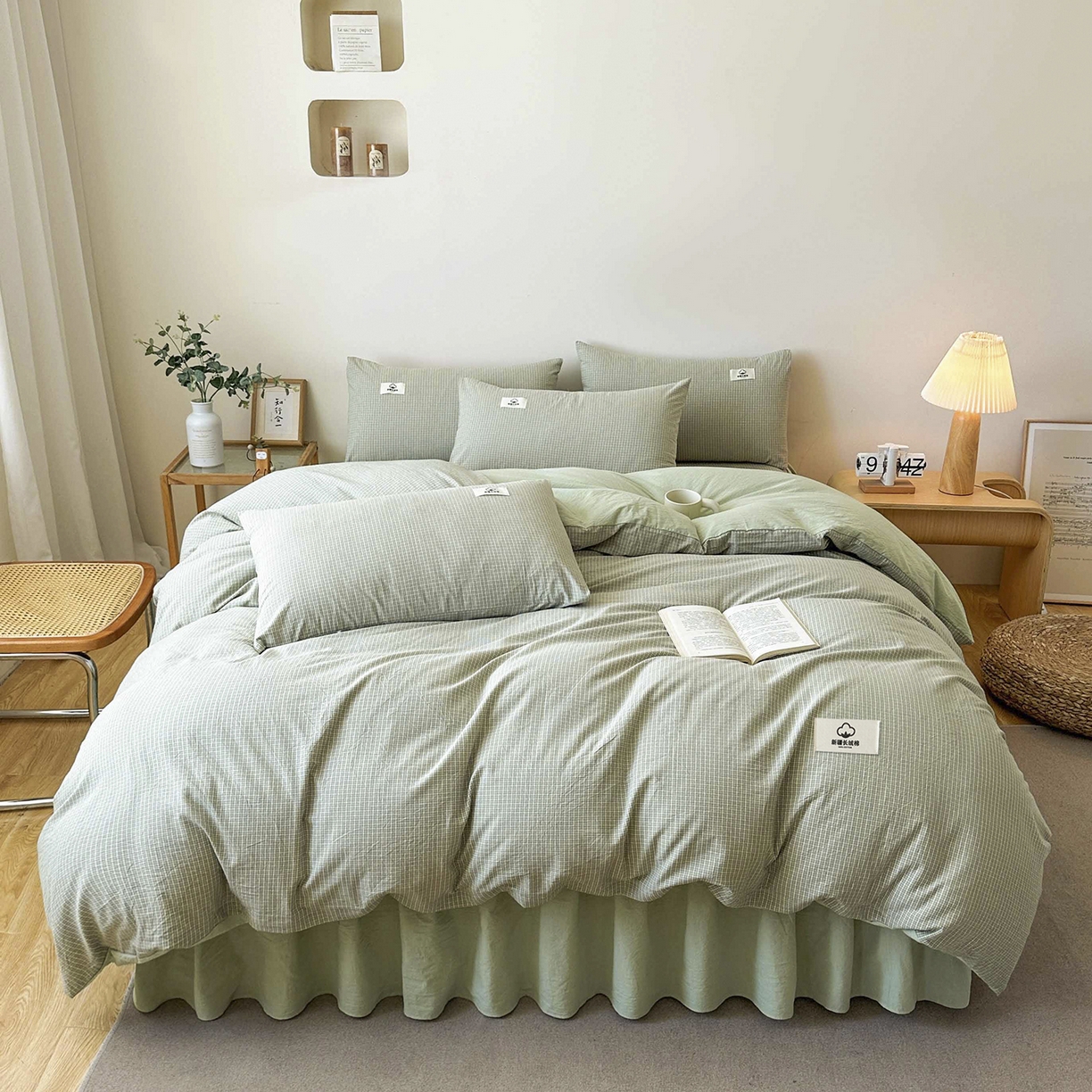 91家纺网 家纺一手货源 找家纺 笠裙家纺 2025新款A类色织全棉纯棉水洗棉床裙四件套 夏末绿